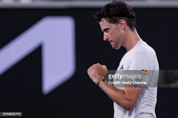 Dominic Thiem of Austria celebrates a point in their round one singles match against Felix Auger-Aliassime of Canada during the 2024 Australian Open...