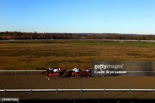 The runners and riders in action in The Find More Big Deals At BETUK Novice Stakes at Lingfield Park on January 15, 2024 in Lingfield, England.