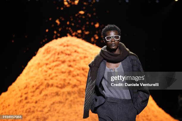 Model walks the runway at the Zegna fashion show during the Milan Menswear Fall/Winter 2024-2025 on January 15, 2024 in Milan, Italy.