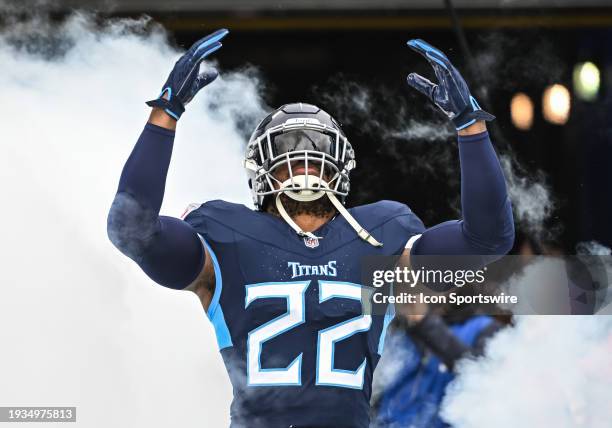 Tennessee Titans running back Derrick Henry takes the field before the NFL game between the Tennessee Titans and the Jacksonville Jaguars on January...