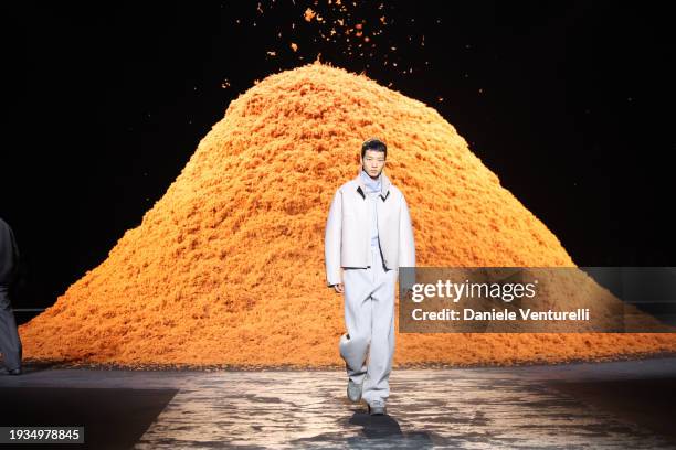 Model walks the runway at the Zegna fashion show during the Milan Menswear Fall/Winter 2024-2025 on January 15, 2024 in Milan, Italy.