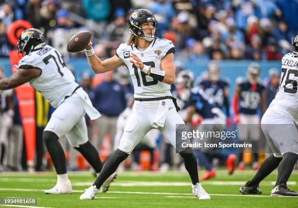 Jacksonville Jaguars quarterback Trevor Lawrence passes the ball during the NFL game between the Tennessee Titans and the Jacksonville Jaguars on...