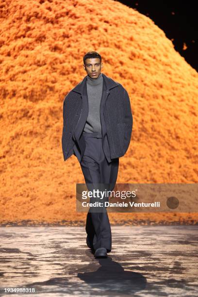 Model walks the runway at the Zegna fashion show during the Milan Menswear Fall/Winter 2024-2025 on January 15, 2024 in Milan, Italy.