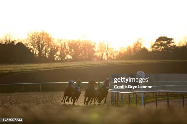 The runners and riders in The Win £2 000 With BETMGM's Golden Goals Handicap Stakes at Lingfield Park on January 15, 2024 in Lingfield, England.