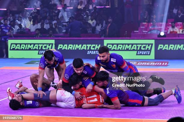 Prateek from the Gujarat Giants is in action during the Pro Kabaddi League season-10 match between Dabang Delhi and the Gujarat Giants at the SMS...