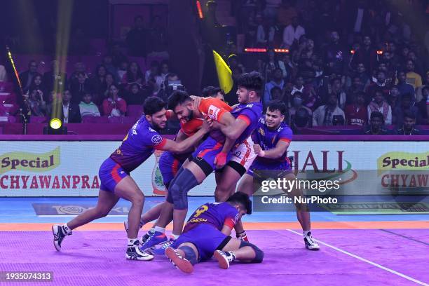 Prateek from the Gujarat Giants is in action during the Pro Kabaddi League season-10 match between Dabang Delhi and the Gujarat Giants at the SMS...