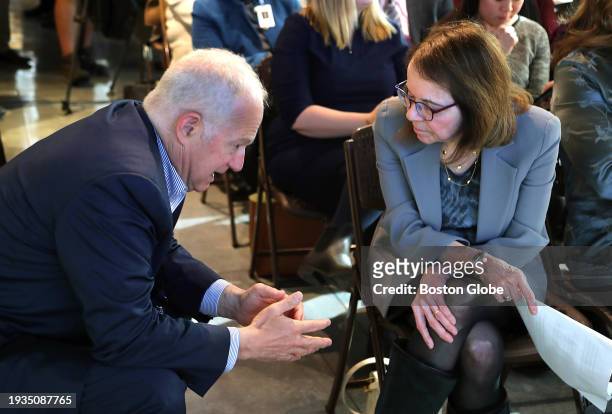 Boston, MA David Brown, left, the Mass General Hospital President chats with Anne Klibanski, Mass General Brigham President and CEO before Boston...