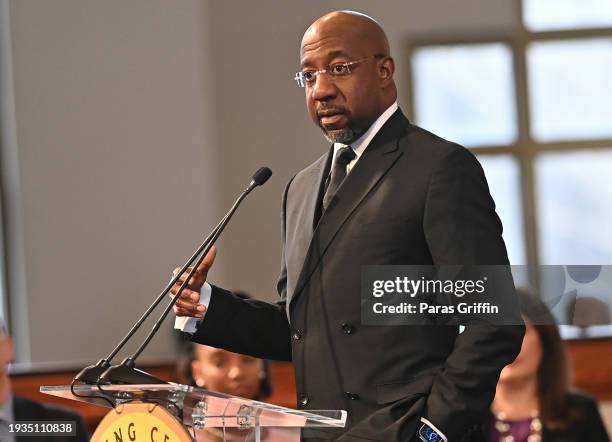 Senator Rev. Raphael Warnock speaks onstage during the 2024 Martin Luther King, Jr. Beloved Community Commemorative Service at Ebenezer Baptist...