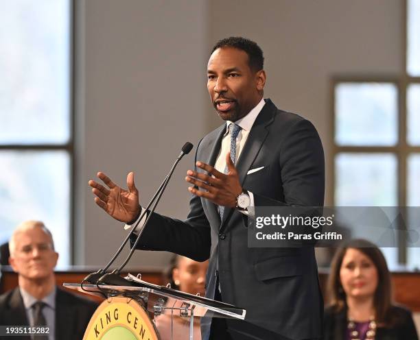 Atlanta Mayor Andre Dickens speaks onstage during the 2024 Martin Luther King, Jr. Beloved Community Commemorative Service at Ebenezer Baptist Church...