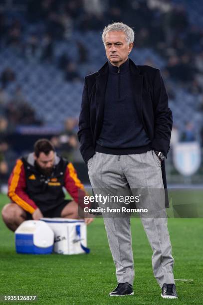 Jose Mourinho manager of AS Roma before the Coppa Italia quarter-finals match between SS Lazio and AS Roma at Stadio Olimpico on January 10, 2024 in...