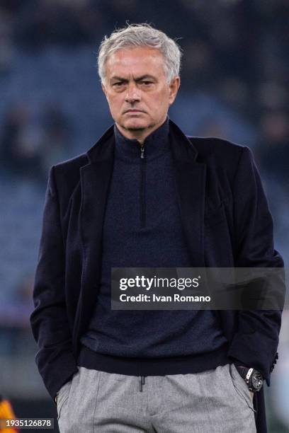 Jose Mourinho manager of AS Roma before the Coppa Italia quarter-finals match between SS Lazio and AS Roma at Stadio Olimpico on January 10, 2024 in...