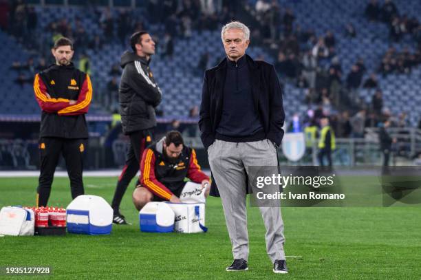 Jose Mourinho manager of AS Roma before the Coppa Italia quarter-finals match between SS Lazio and AS Roma at Stadio Olimpico on January 10, 2024 in...