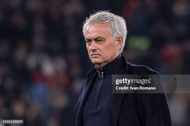 Jose Mourinho manager of AS Roma before the Coppa Italia quarter-finals match between SS Lazio and AS Roma at Stadio Olimpico on January 10, 2024 in...