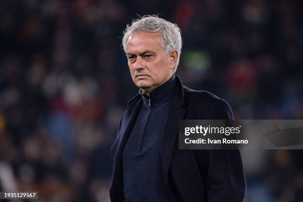 Jose Mourinho manager of AS Roma before the Coppa Italia quarter-finals match between SS Lazio and AS Roma at Stadio Olimpico on January 10, 2024 in...