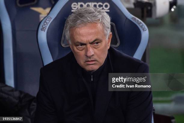 Jose Mourinho manager of AS Roma during the Coppa Italia quarter-finals match between SS Lazio and AS Roma at Stadio Olimpico on January 10, 2024 in...