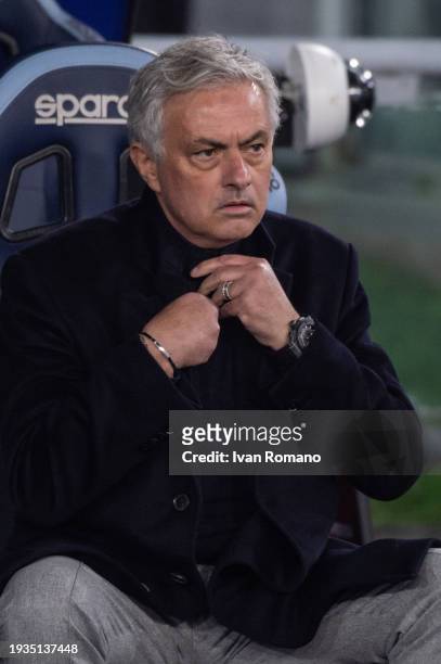 Jose Mourinho manager of AS Roma during the Coppa Italia quarter-finals match between SS Lazio and AS Roma at Stadio Olimpico on January 10, 2024 in...