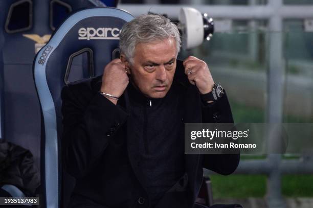 Jose Mourinho manager of AS Roma during the Coppa Italia quarter-finals match between SS Lazio and AS Roma at Stadio Olimpico on January 10, 2024 in...