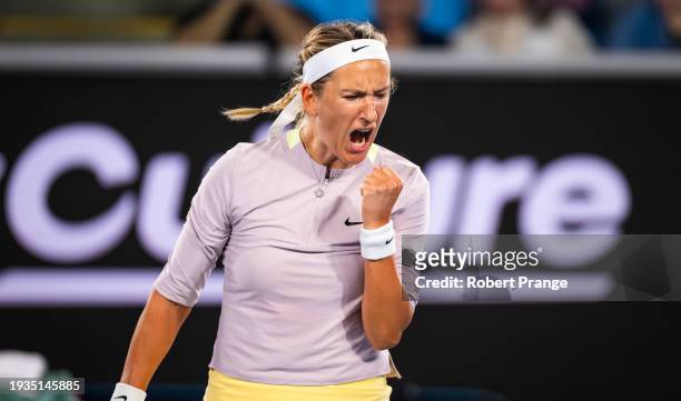 Victoria Azarenka in action against Clara Tauson of Denmark in the second round on Day 5 of the 2024 Australian Open at Melbourne Park on January 18,...