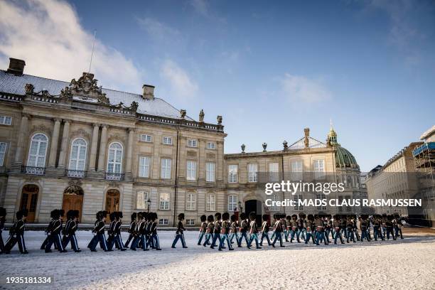 The Life Guard's changing of the guard is pictured at Amalienborg Castle Square in Copenhagen, on January 18 some days after the proclamation of...