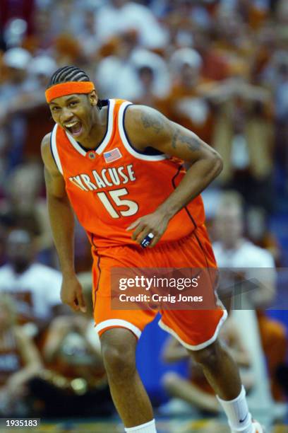 Carmelo Anthony of the Syracuse University Orangeman celebrates during the semifinal round of the NCAA Final Four Tournament against the University...