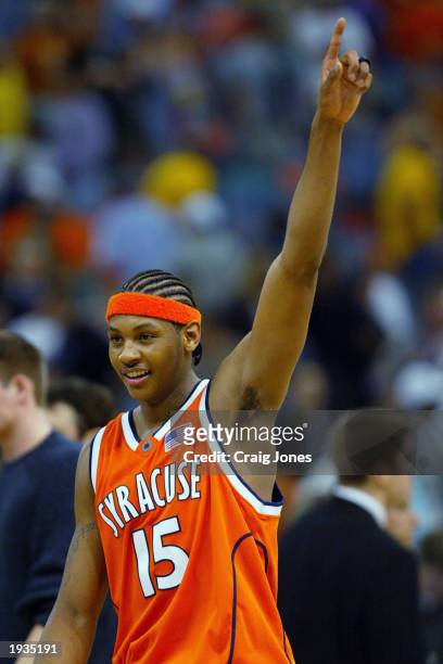 Carmelo Anthony of the Syracuse University Orangeman celebrates during the semifinal round of the NCAA Final Four Tournament against the University...