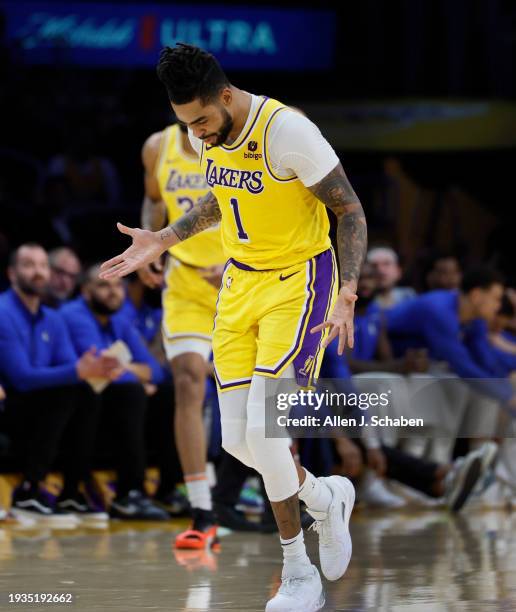 Los Angeles, CA Lakers point guard D'Angelo Russell, #1, celebrates making a three-point shot over the Mavericks in the second half at Crypto.com...
