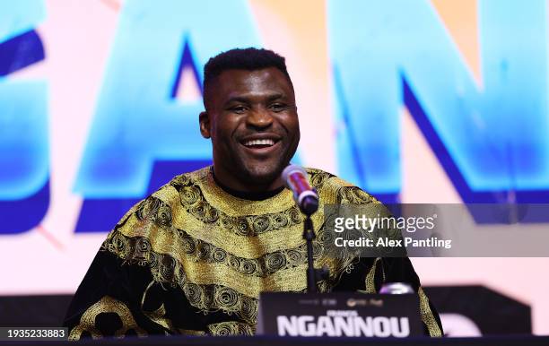 Francis Ngannou speaks during the Anthony Joshua v Francis Ngannou Press Conference at Outernet London on January 15, 2024 in London, England.