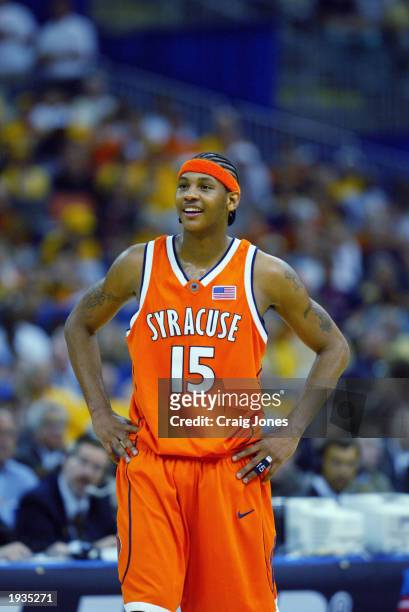 Carmelo Anthony of the Syracuse University Orangeman smiles during the semifinal round of the NCAA Final Four Tournament against the University of...