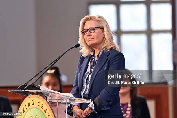 Former US Representative from Wyoming Liz Cheney speaks onstage during the 2024 Martin Luther King, Jr. Beloved Community Commemorative Service at...