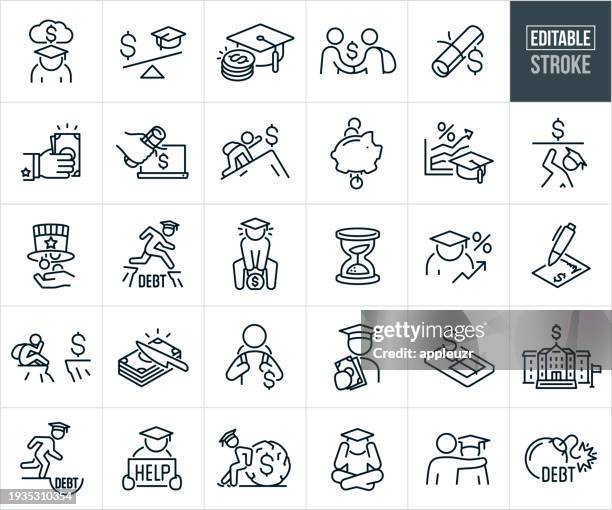 ilustraciones, imágenes clip art, dibujos animados e iconos de stock de iconos de línea delgada de deuda de préstamos estudiantiles - trazo editable - pago de matrícula