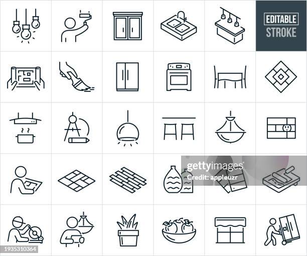 kitchen remodel thin line icons - editierbarer strich - 1 person planung stock-grafiken, -clipart, -cartoons und -symbole