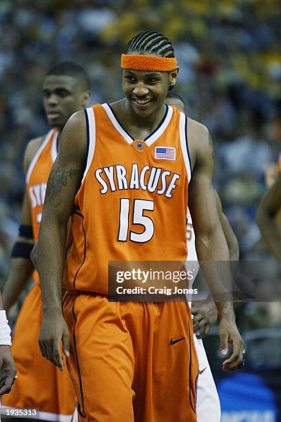 Carmelo Anthony of the Syracuse University Orangeman smiles during the semifinal round of the NCAA Final Four Tournament against the University of...