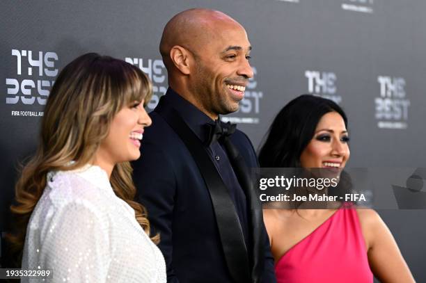 Duda Pavao, Thierry Henry and Reshmin Chowdhury arrive on the Green Carpet ahead of The Best FIFA Football Awards 2023 at The Apollo Theatre on...