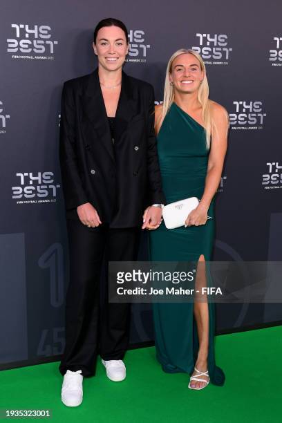 Footballers, Mackenzie Arnold and Kirsty Smith, arrive on the Green Carpet ahead of The Best FIFA Football Awards 2023 at The Apollo Theatre on...