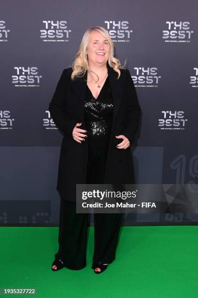 Football Manager, Emma Hayes, arrives on the Green Carpet ahead of The Best FIFA Football Awards 2023 at The Apollo Theatre on January 15, 2024 in...