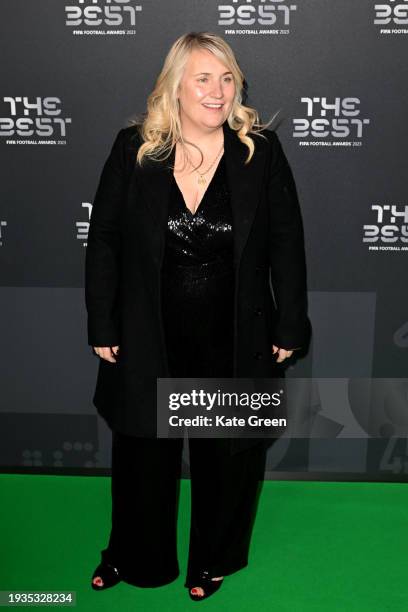 Football Manager, Emma Hayes, arrives on the Green Carpet ahead of The Best FIFA Football Awards 2023 at The Apollo Theatre on January 15, 2024 in...