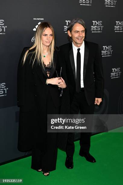 Filippo Inzaghi and Angela Robusti arrive on the Green Carpet ahead of The Best FIFA Football Awards 2023 at The Apollo Theatre on January 15, 2024...