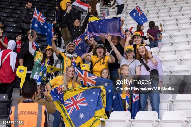 Fans of Australia celebrating the Socceroos' win during the AFC Asian Cup Group B match between Syria and Australia at Jassim Bin Hamad Stadium on...