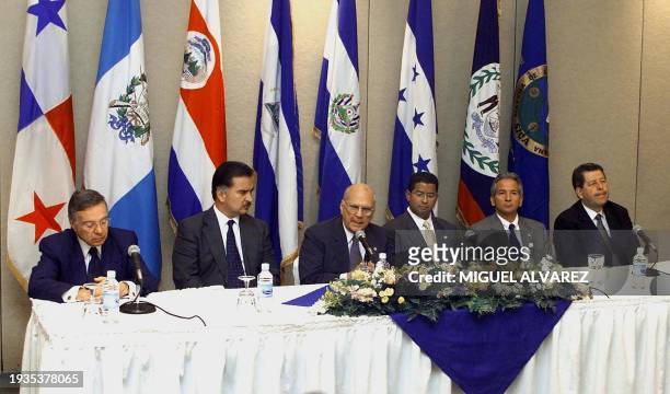 Miguel Angel Rodriguez, of Costa Rica; Alfonso Portillo, of Guatemala; Enrique Bolanos, of Nicaragua, 27 February press conference at the end of an...