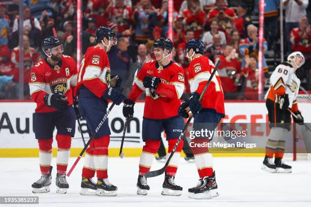 Sam Reinhart of the Florida Panthers celebrates with teammates after scoring a goal against the Anaheim Ducks during the first period of the game at...