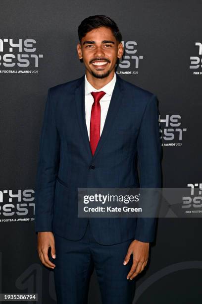 Footballer, Guilherme Madruga, arrives on the Green Carpet ahead of The Best FIFA Football Awards 2023 at The Apollo Theatre on January 15, 2024 in...