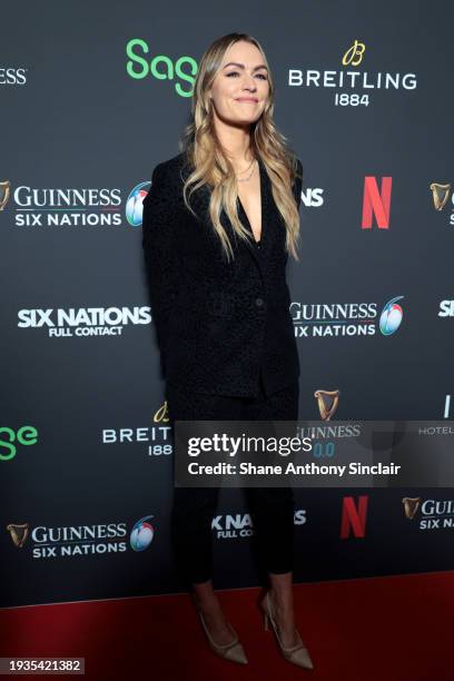 Laura Woods attends the world premiere of "Six Nations: Full Contact" at Frameless on January 15, 2024 in London, England.