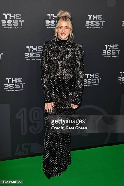 Footballer, Alessia Russo, arrives on the Green Carpet ahead of The Best FIFA Football Awards 2023 at The Apollo Theatre on January 15, 2024 in...