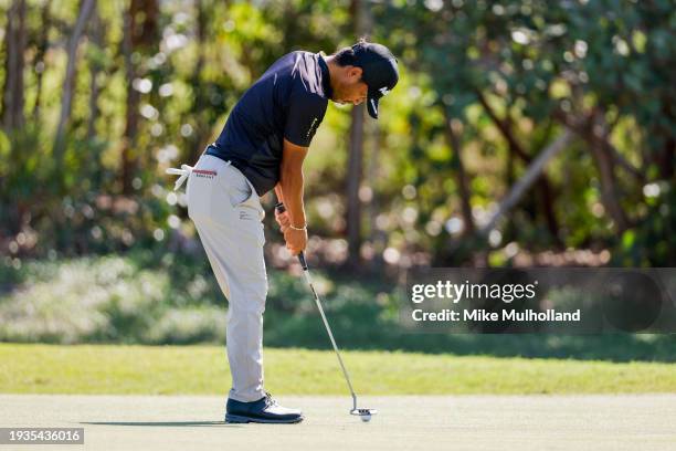 Satoshi Kodaira of Japan hits a putt on the 17th hole during the second round of the The Bahamas Great Exuma Classic at Sandals Emerald Bay Golf Club...