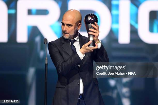 Men's Coach of the Year, Pep Guardiola, speaks with his trophy during the The Best FIFA Football Awards 2023 at The Apollo Theatre on January 15,...