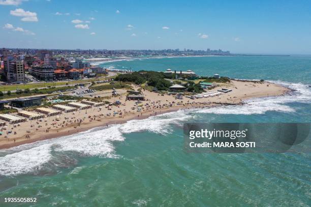 Aerial view of the beach in Mar del Plata, Buenos Aires province, Argentina, taken on January 17, 2024. This year's trickle of Argentine...