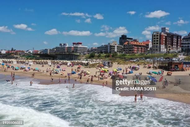 Aerial view of the beach in Mar del Plata, Buenos Aires province, Argentina, taken on January 17, 2024. This year's trickle of Argentine...