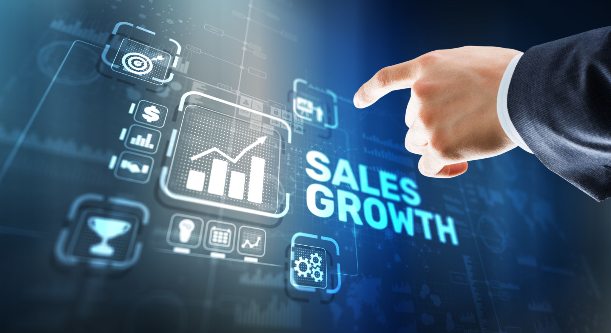 Sales Growth Man clicks inscription on virtual 3D screen Sales Growth Man clicks inscription on virtual 3D screen