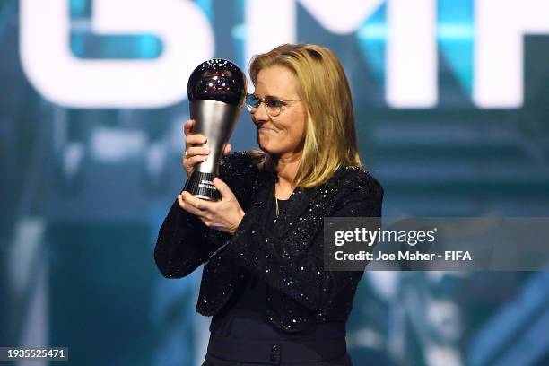 Women's Coach of the Year, Sarina Wiegman, poses with her trophy during the The Best FIFA Football Awards 2023 at The Apollo Theatre on January 15,...