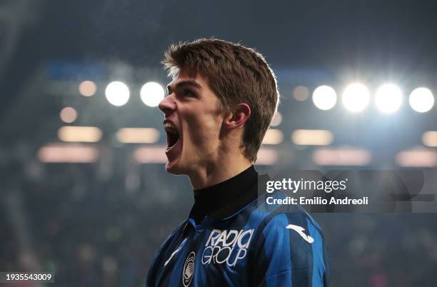 Charles De Ketelaere of Atalanta BC celebrates scoring his team's third goal during the Serie A TIM match between Atalanta BC and Frosinone Calcio -...